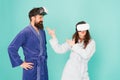 Create your reality. world of immagination. family couple wear vr glasses. girl and man hipster relax in bathrobe