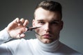 Create your style. Macho confident barber cut hair. Barbershop service concept. Professional barber equipment. Cut hair