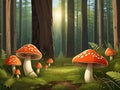 Toadstools in the forest. Beautiful mushrooms, but poisonous. You can\'t eat! Created AI.