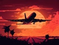 An airplane taking off, sunset, travel concept. Generative AI Royalty Free Stock Photo