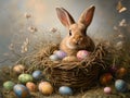 Cute bunny sits in a basket with Easter eggs Royalty Free Stock Photo