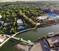 Aerial view on river and resort hotel with villa and pool in Belek on Mediterranean sea Royalty Free Stock Photo