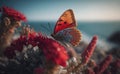 A red butterfly on flowers in soft daylight with blurred ocean background, close-up macro, generative AI