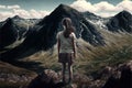 Created with Generative AI technology. Back view on girl standing on rock looking on mountain and valley.