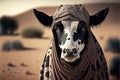 Created with Generative AI technology. a cow in bedouin clothing