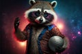 Created with Generative AI technology. Creative happy raccoon animal in disco clothes dancing