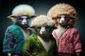 Created with Generative AI technology. Creative happy sheep animal in disco clothes dancing
