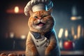 Created with Generative AI technology. Kitten wearing chef's hat ready to cook bread smiling.