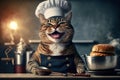 Created with Generative AI technology. Kitten wearing chef's hat ready to cook bread smiling.