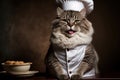 Created with Generative AI technology. Kitten wearing chef's hat ready to cook bread smiling.