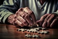 Created with Generative AI technology.Senior male hand solving a puzzle.