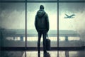 Created with Generative AI technology. Stressed man at the airport afraid to flight looking at the window.