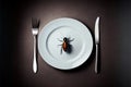 Created with Generative AI technology. Top view, eating a cockroach. Cockroach in a white plate with knife and fork.