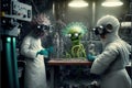 Created with Generative AI technology. Virus scientist or aliens making tests in lab inventing innovation Royalty Free Stock Photo