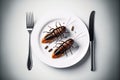 Created with Generative AI technologyTop view, eating a cockroach. Cockroach in a white plate with knife and fork.