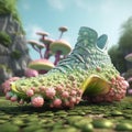 A futuristic shoe made of carapace with mushrooms growing behind it.