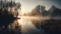 misty sunrise over lake, with reflections of trees and water Royalty Free Stock Photo