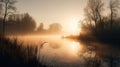 misty sunrise over lake, with reflections of trees and water Royalty Free Stock Photo