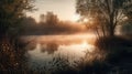 misty sunrise over lake, with reflections of trees and water Royalty Free Stock Photo