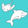 Underwater Animal Dolphin and Stingray Digital Stamp Outline