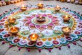 Colorful Rangoli Design Surrounded by Diyas in Courtyard