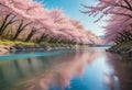 Blossoming Spring: Cherry Blossoms by a Crystal-Clear River Royalty Free Stock Photo