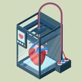 Creating artificial heart on three dimensional printer vector illustration