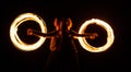 Creating awesome tracer effects. Couple of artists perform fire orbitals. Bright light trails and designs. Fire