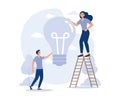 Creating Business Idea. New Technologies. Man and Woman Hold Yellow Lamp in Hand