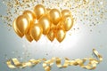 Celebratory seamless banner - white, yellow, glitter gold balloons and golden foil confetti.