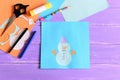 Creating a children winter paper card. Tutorial. Paper snowman card, scissors, markers, pencil, glue stick, colored paper set