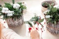 Creating Christmas floral arrangement with carnations, chrysanthemum santini flowers and fir