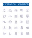Creating collaboration line icons signs set. Design collection of Cooperating, Uniting, Pooling, Teaming, Synchronizing