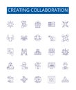 Creating collaboration line icons signs set. Design collection of Cooperating, Uniting, Pooling, Teaming, Synchronizing