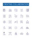 Creating collaboration line icons signs set. Design collection of Cooperating, Uniting, Pooling, Teaming, Synchronizing