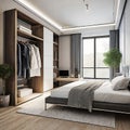 Luxury bedroom interior design with wooden floor, white walls, wooden floor, double bed and wardrobe. 3d rendering. AI