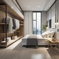 Luxury bedroom interior design with wooden floor, white walls, wooden floor, double bed and wardrobe. 3d rendering. AI