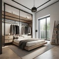 Luxury bedroom interior design with wooden floor, white walls, wooden floor, double bed and wardrobe. 3d rendering. AI