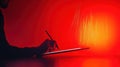 Creating digital art in a vibrant red-lit studio at dusk with a focus on innovative design techniques and creative expression Royalty Free Stock Photo