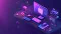 Creating a website design, interface, computer monitor with 3D icons on an ultraviolet background using a site Royalty Free Stock Photo