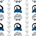Curly-headed boy despondent seamless repeat pattern in next-level black, nobility, lemon fizz and white