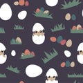 Easter chick seamless repeat pattern in white, green, yellow, orange, blue, red, black and violet