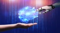 Creation Of AI. Human And Robotic Hand Touching Brain Hologram With Neuron Connections