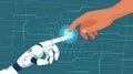 Creation of artificial intelligence. Humans and robots cooperation, AI give hand. Bionic arm with touch gesture vector
