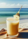 the creation of artificial intelligence, Maldives, a cocktail decorated with pieces of coconut and pineapple is in a glass on the