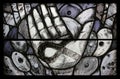 Creation and birth, detail of stained glass window in St. James church in Hohenberg, Germany