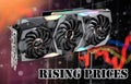 Creation of bitcoins using video cards, and a graph of the growth in prices for video cards Royalty Free Stock Photo