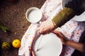 Creation of an imprint in gypsum, applied art creativity, seasonal vegetables and fruits, Provencal style. Royalty Free Stock Photo