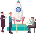 Creation of new startup with rocket launch. People work with development of successful strategy