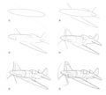 Creation step by step pencil drawing. Page shows how to learn draw sketch of imaginary Military aircraft from Second World War.